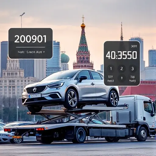 A modern car being lifted onto a tow truck in front of the Moscow skyline, with a subtle digital calculator interface floating nearby showing numbers, all rendered in the smallHQ style, without any text or logos