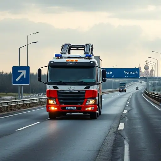 A realistic scene showing a large tow truck (evacuator) on a highway connecting two Russian cities, with a subtle background hint of Voronezh on one side and Moscow on the other, featuring road signs and a map-like outline without any text, focusing on the vehicle, the road, and the sense of distance and travel