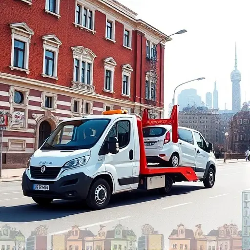 A realistic scene of a compact tow truck in Moscow, pulling a small passenger car onto the street. The background shows recognizable Moscow architecture such as a red brick building with classic windows and a hint of the Moscow skyline, including a few high-rise towers. The street is clean, with subtle traffic signs and a faint hint of a digital interface overlay indicating an online order, but without any visible text or icons. The atmosphere is bright daylight, emphasizing the efficiency of an online tow service.
