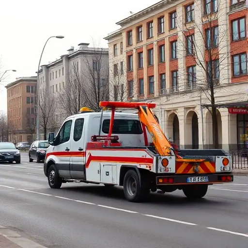 A tow truck parked on Argunovskaya Street, towing a car, with a city street background, no text or signage, in a realistic style