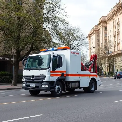 A realistic tow truck (evacuator) parked on a city street in the Gagarinsky district, with surrounding urban buildings, trees, and a clear sky; the scene shows the vehicle's details and the district's characteristic architecture, without any text or signage