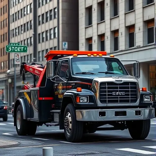A realistic depiction of a tow truck parked on a city street, with a subtle street sign in the background hinting at the street name, but no visible text or lettering, focusing on the vehicle and urban environment.