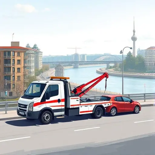 A realistic illustration of a tow truck operating in the southwestern part of Moscow, with recognizable city landmarks such as the Moscow River and residential buildings, showing the vehicle assisting a parked car on a street under a clear sky, conveying affordable service without any text or signage