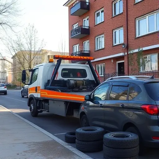 A tow truck parked in front of a residential building in the Krasnoselsky district of Moscow, with its operator standing beside the vehicle, inspecting a stalled car on the sidewalk. The scene shows the tow truck's rear-mounted winch and a small stack of spare tires on the ground, illustrating the actions taken after a tow call. The setting is a typical Moscow street with brick facades and a few trees, under a clear sky.