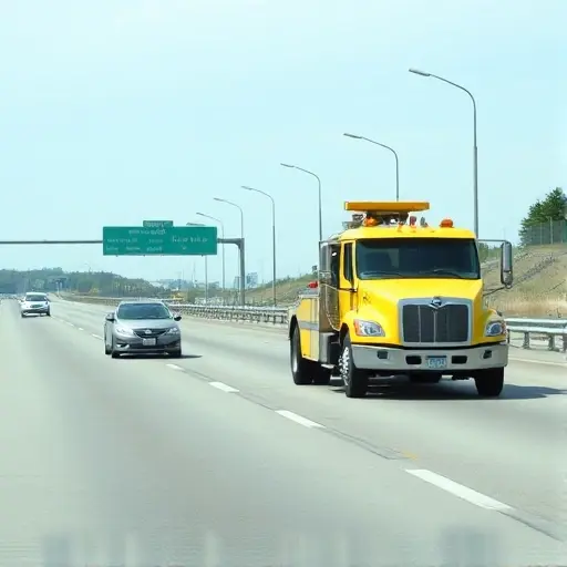 Эвакуатор на 5-й линии: Полное руководство A bright yellow tow truck pulling a stalled car on a multi-lane highway, with five lanes visible, the tow truck positioned in the fifth lane from the left, clear sky, no people or animals, no buildings in the background.