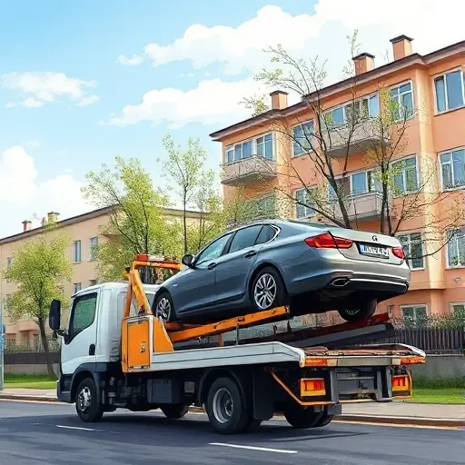 A realistic small-scale high-quality illustration of a tow truck operating in the Tsaritsyno district, Moscow, with typical residential buildings, trees, and a parked car being lifted onto the truck's platform under a clear sky, no text or signage