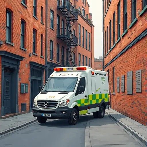 A realistic illustration of a tow truck (evacuator) parked in a quiet urban alley named after the 11 Heroes of Sappers, surrounded by historic brick buildings, subtle memorial plaques, and a calm atmosphere, showing the vehicle's details and the surrounding environment in a smallHQ style