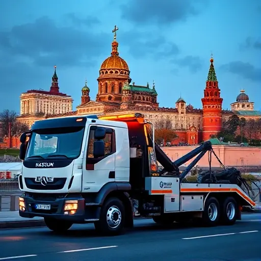 эвакуатор казань цена A modern towing truck parked in front of the Kazan Kremlin, with the city skyline in the background, showcasing a bustling urban setting