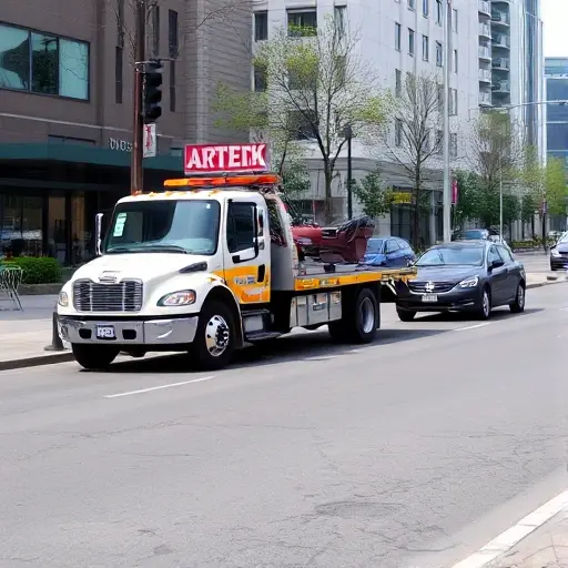 A tow truck parked on Artek Street, towing a car, with an urban street background, no people, no text or digits