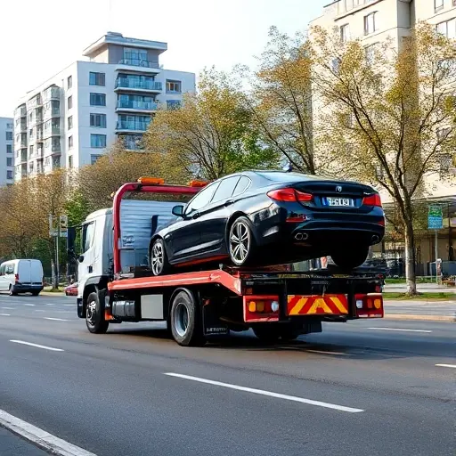 A realistic scene of a tow truck (evacuator) operating on a city street in the Butovo district of Moscow, with modern buildings and trees in the background, showing the truck lifting a car onto its platform, under a clear sky, without any text or signage