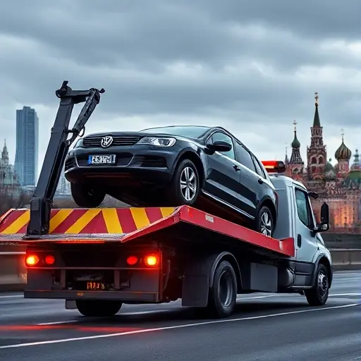 A tow truck in Moscow pulling a car onto its platform, with the city's recognizable skyline in the background, showing a sense of urgency and confusion without any visible text or signage, focusing on the vehicle and the truck in a realistic yet stylized smallHQ aesthetic