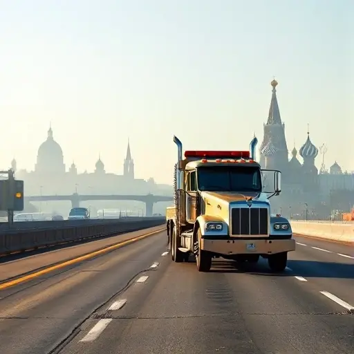 A realistic tow truck on a long highway, with the silhouette of Saint Petersburg's iconic skyline (including the drawbridge and spires) fading into the background on one side, and the silhouette of Moscow's Kremlin towers and Saint Basil's Cathedral emerging on the other side, illustrating a journey from Saint Petersburg to Moscow. The scene is under a clear sky, with the road stretching forward, and the tow truck prominently in the foreground, no text or signage visible.