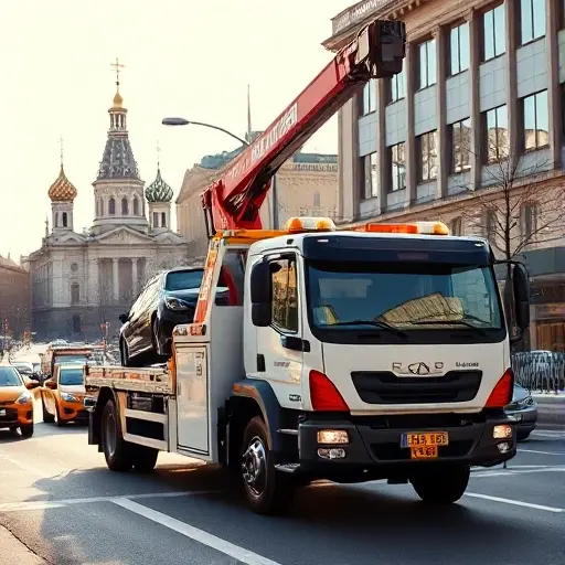 заказать эвакуатор в москве цена A modern tow truck with a crane lifting a car on a busy Moscow street, with recognizable Moscow architecture such as the Kremlin towers in the background, under bright daylight, realistic smallHQ style