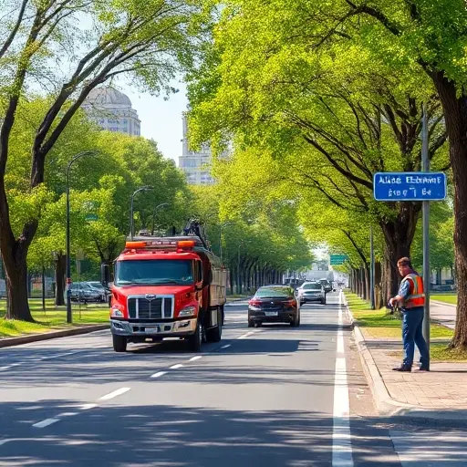 A realistic scene of a tow truck pulling a broken-down car along a tree-lined avenue named after Alice Selezneva, with local emergency service personnel directing traffic, city buildings in the background, and a clear sky, all depicted in a smallHQ style