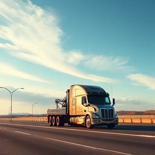 A modern tow truck driving on a highway under a clear sky, with subtle abstract arrows and flowing chart-like shapes blended into the clouds to suggest market trends, realistic lighting and perspective, smallHQ style