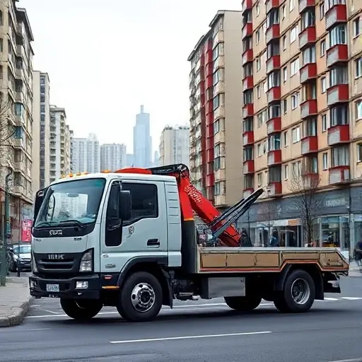 An image of a modern tow truck parked on a typical Moscow street in the Northern district, with characteristic Soviet-era apartment blocks and a subtle hint of the Moscow skyline in the background. The scene is realistic, detailed, and devoid of any text, letters, or numbers.