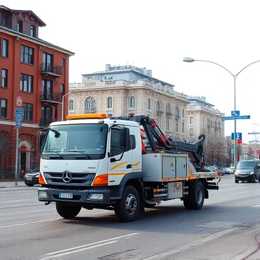 Эвакуатор Москва Беляево: Полное руководство A realistic scene of a tow truck (evakuator) operating on a city street in the Belyaevo district of Moscow, with typical Russian urban buildings, street signs in the background, and a clear sky, focusing on the vehicle and the surrounding environment without any text or logos
