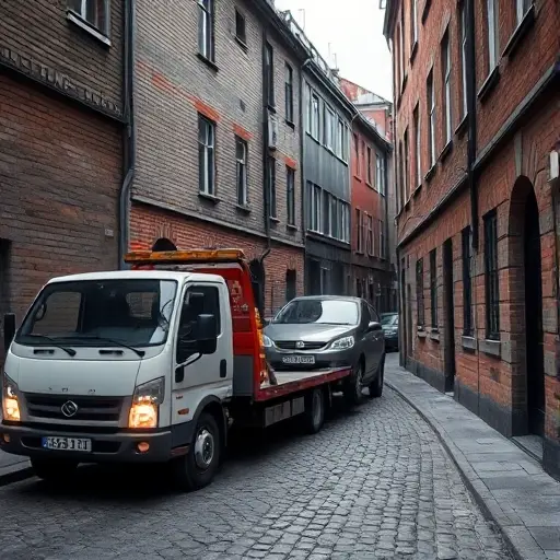A realistic depiction of a tow truck parked in a narrow, cobblestone alley in a Russian city, with a small passenger car being towed. The alley is lined with old brick buildings, subtle street lighting, and no visible text or signage. The scene conveys a quiet, urban atmosphere suitable for a guide on towing passenger cars.