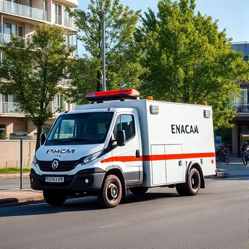 A realistic scene of a tow truck (evacuator) parked on a quiet street in the Troitsk district of New Moscow, with modern residential buildings and trees in the background, under a clear sky. The focus is on the vehicle and the surrounding urban environment, without any signage, letters, or numbers.