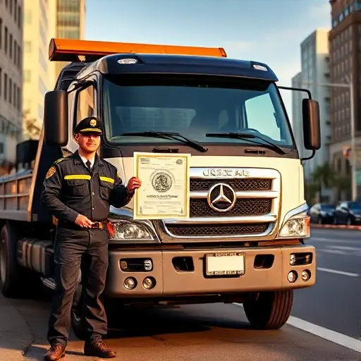 A modern tow truck parked on a city street during daylight, with a uniformed driver standing beside it holding an official-looking document that features a prominent seal but no readable text, the truck's license plate is blurred to hide characters, background shows urban buildings and a clear sky, realistic lighting and details