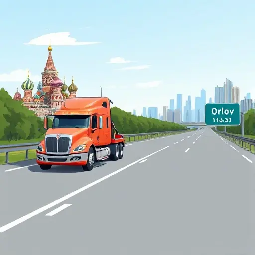Эвакуатор Москва ⏤ Орёл: Полное руководство по ценам и заказу A realistic illustration of a modern tow truck driving on a highway between Moscow and Orlov, with the Moscow skyline on the left and the Orlov cityscape on the right, a clear road sign indicating distance, all in a clean, detailed style.