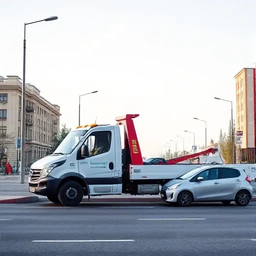 A realistic city street scene in Moscow's South-Eastern Administrative Okrug, showing a modern tow truck parked beside a small car on the roadside. The tow truck is depicted as clean and professional, with subtle branding elements, and the surrounding environment includes typical urban buildings, streetlights, and a clear sky, conveying an affordable and reliable service nearby.