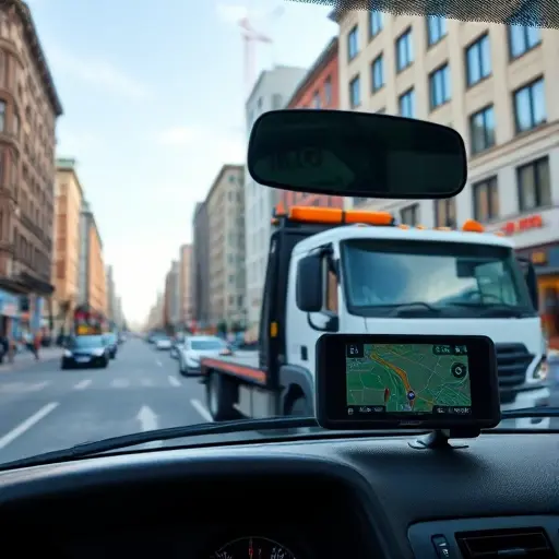 A realistic scene of a tow truck parked on a city street in the North-West district of Moscow, with a modern GPS device on the dashboard showing precise vehicle location, surrounding urban buildings and a hint of Moscow architecture, under a clear sky, focusing on the vehicle and the sense of a quick, affordable rescue service