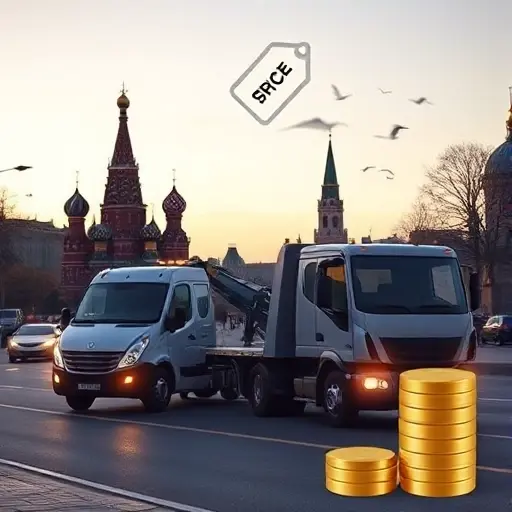A modern tow truck pulling a car on a Moscow street at dusk, with the Kremlin silhouette in the background, a subtle price tag icon floating, and a calculator or coin stack indicating savings