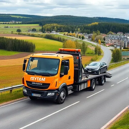 A modern tow truck parked on a scenic road in the Nizhny Novgorod region, with a damaged car being towed, surrounded by typical regional landscape such as fields, forest, and a small town backdrop. The tow truck should be brightly colored and prominently display a company logo (without any text). The scene should convey the importance and relevance of towing services in the region.