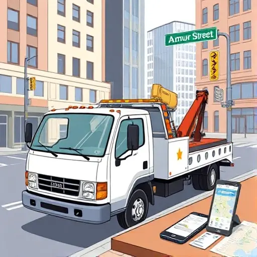 A realistic illustration of a tow truck parked on Amur Street, with a city street background, a phone on a nearby table, and a map showing the route, all in a clear, detailed style.
