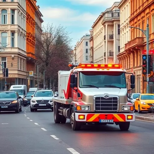 A realistic scene of a tow truck operating on a busy street in the South-West district of Moscow, featuring typical Moscow architecture and street layout, with visual cues that suggest factors influencing towing price such as traffic congestion, distance markers, vehicle condition, and time of day, without any text or lettering.