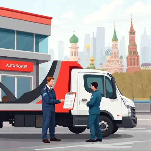 A realistic illustration of a tow truck parked outside a modern auto repair shop in Moscow, with the city skyline in the background. A driver in a uniform is talking with a customer, pointing to a price list displayed on a clipboard. The scene conveys the process of choosing an auto service and arranging towing, with a sense of professionalism and efficiency.