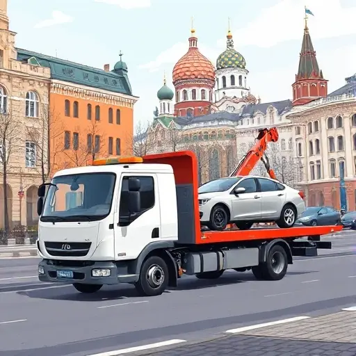 A realistic smallHQ style illustration of a modern tow truck in Moscow, parked on a city street with typical Moscow buildings and a hint of the Kremlin dome in the background. The tow truck is lifting a small sedan, with the driver visible, under a clear sky. No text, signs, or logos appear in the scene.
