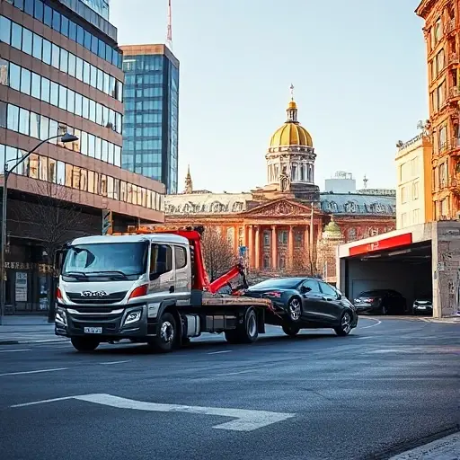 сколько стоит эвакуатор по москве до автосервиса A realistic scene of a tow truck pulling a car onto a city street in Moscow, with recognizable Moscow architecture such as the Kremlin dome or typical high-rise buildings in the background, leading toward a modern auto service garage with open doors and service equipment visible, under a clear sky.