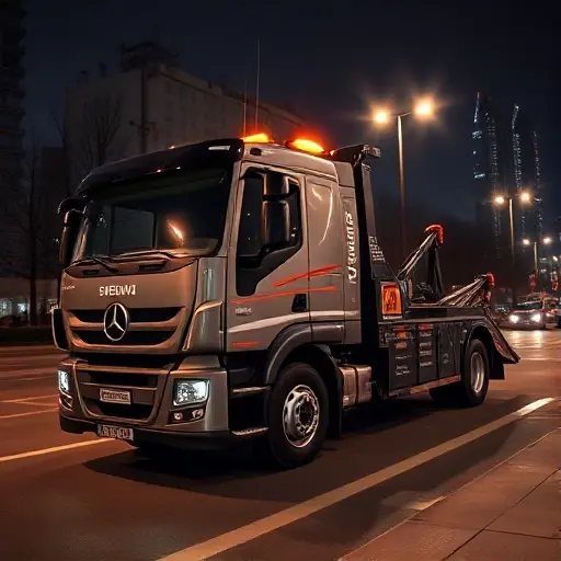 эвакуатор москва 24 часа A sleek, modern towing truck parked on a Moscow street at night, illuminated by city lights, with a clear view of the vehicle's front and side, showcasing the 24-hour service readiness. The scene should capture the urban atmosphere of Moscow, with subtle reflections on the truck's surface and a hint of distant skyscrapers in the background, all without any text, logos, or people.