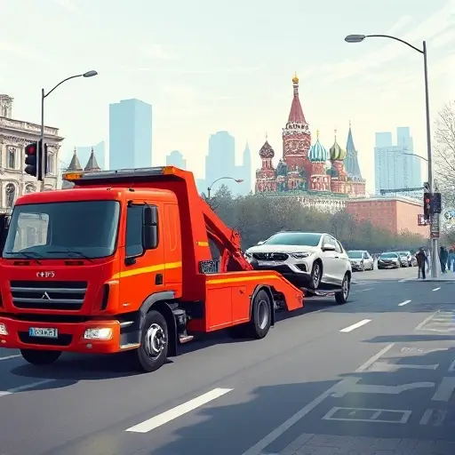 A realistic illustration of a modern tow truck parked on a Moscow street in the Krasnoselsky district, with a damaged car being towed. The scene shows the iconic Moscow skyline in the background, with subtle street signs and traffic lights. The tow truck is in bright red with reflective stripes, and the damaged car is a compact sedan. The image should capture the bustling city atmosphere, with pedestrians and traffic, but no text or logos.