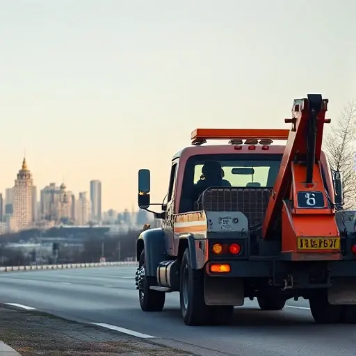 A realistic scene of a tow truck parked on a Moscow suburban road, with the city skyline in the background, a driver holding a phone, the vehicle illuminated by daylight, showing the truck's hook and lights, no visible text or signage.