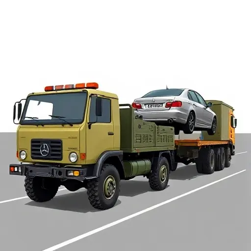 A Ural truck (evacuation vehicle) pulling a car with a tow hook, showing the towing process in a clear, step-by-step illustration, with the Ural in the foreground and the car being lifted onto the truck's rear platform, all in a realistic style.