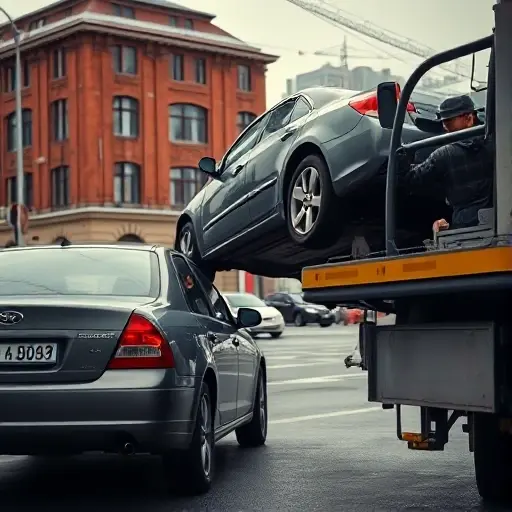 Эвакуатор Москва: Что делать при незаконной эвакуации? A tense urban street scene in Moscow showing a car being lifted onto a tow truck without the owner's consent. The car's driver looks shocked and upset, gesturing towards the tow truck driver who appears indifferent. In the background, recognizable Moscow architecture such as a red brick building and a hint of the city skyline. The atmosphere is realistic with muted colors, focusing on the emotional tension of the illegal towing incident, without any text, signs, or logos.