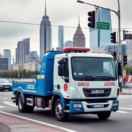 A realistic image of a Moscow GIBDD tow truck parked at a busy intersection, with the city skyline in the background. The truck should display its distinctive blue and white color scheme and the GIBDD emblem, but no text, letters, or numbers should be visible.