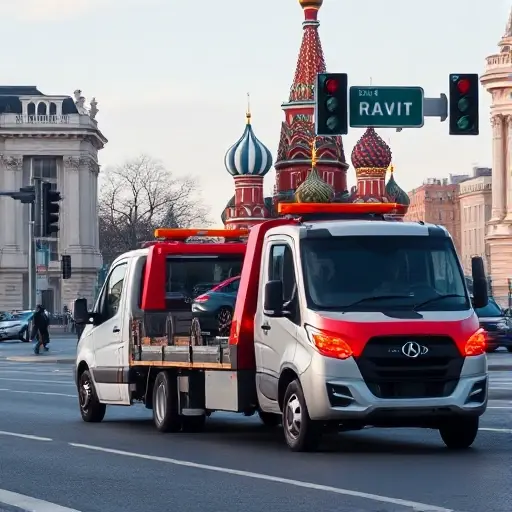 A realistic scene of a Moscow street with a modern tow truck pulling a small car, the iconic Saint Basil's Cathedral visible in the background, city traffic lights and buildings, clear sky, no text or signage