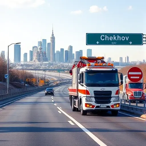 Эвакуатор Москва — Чехов: Полное руководство A realistic scene of a modern tow truck driving on a highway surrounded by typical Russian road signs, with the skyline of Moscow visible in the background and a signpost indicating the direction to Chekhov, under a clear sky, no text or logos