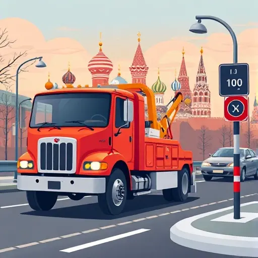 A realistic illustration of a tow truck driving along a Moscow street, with the city's skyline featuring the Kremlin silhouette in the background, the vehicle's hook and a road sign indicating distance, captured in a compact high-quality style
