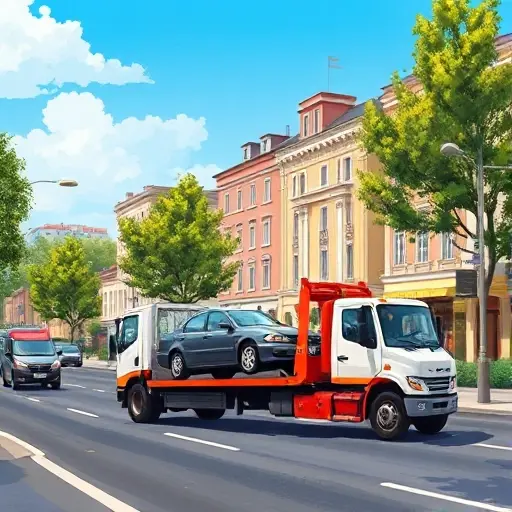 A realistic illustration of a tow truck operating on a busy street in the South‑West district of Moscow, showing the vehicle lifting a disabled car against a backdrop of typical Moscow architecture, trees, and a clear sky. The scene emphasizes the towing service without any text or logos.