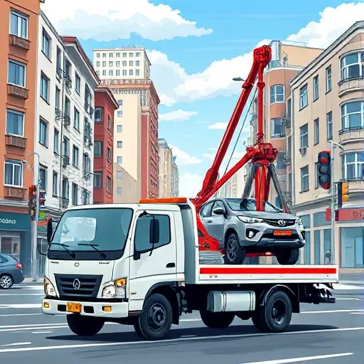A realistic small-scale high-quality illustration of a tow truck equipped with a winch operating in a South-West Moscow urban setting, showing city buildings, a street, and a vehicle being lifted by the winch under a clear sky