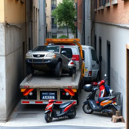 A tow truck parked in a narrow alleyway, with various types of vehicles (car, motorcycle, small truck, bicycle, scooter) being towed or displayed nearby, showing the tow truck's equipment and the vehicles' diversity, in a realistic urban setting.