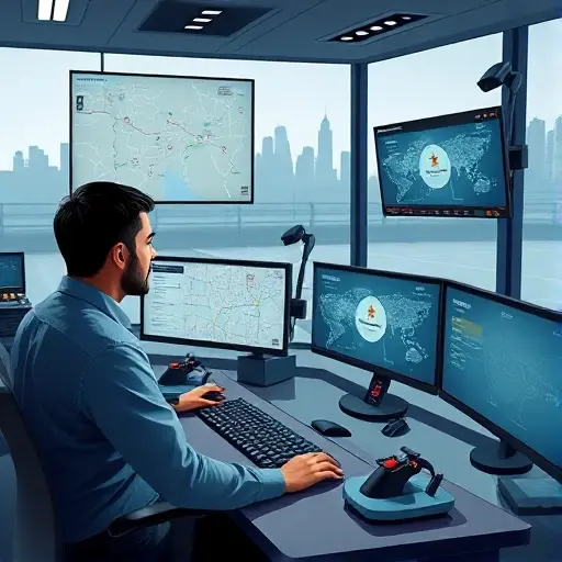 A modern dispatch center interior showing a focused operator at a sleek console, with multiple screens displaying a stylized map of Moscow and icons of tow trucks moving to locations, a subtle city skyline silhouette in the background, and a few realistic tow trucks parked outside visible through a large window, all rendered in a clean, detailed smallHQ style