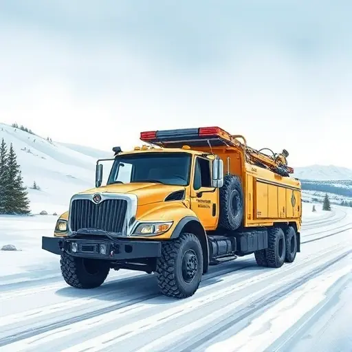 Эвакуатор в 8-м Таймырском проезде: Полное руководство A detailed illustration of a sturdy tow truck (evacuator) parked on a snowy, remote road named 8th Taymyr Passage, surrounded by a wintry landscape with pine trees and a low horizon, emphasizing the vehicle's robust design and the harsh environment