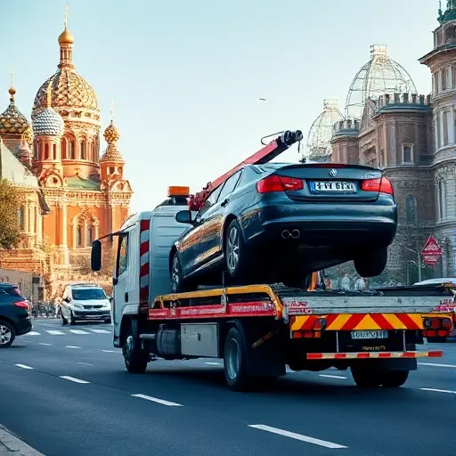 A realistic scene of a tow truck (evacuator) operating on a Moscow street, with recognizable city architecture such as the Kremlin dome or Moscow River bridges in the background, showing the vehicle lifting a car onto its platform, under a clear sky, without any text or signage