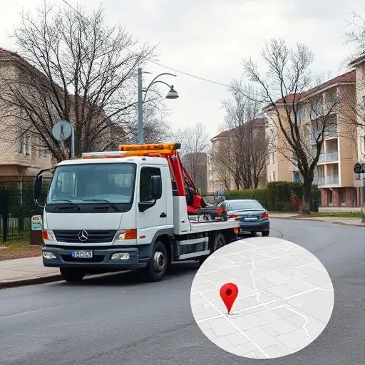 A tow truck pulling a car on a residential street in the Koptovo area, with a subtle map overlay indicating the location, high detail, small high quality, no text or lettering